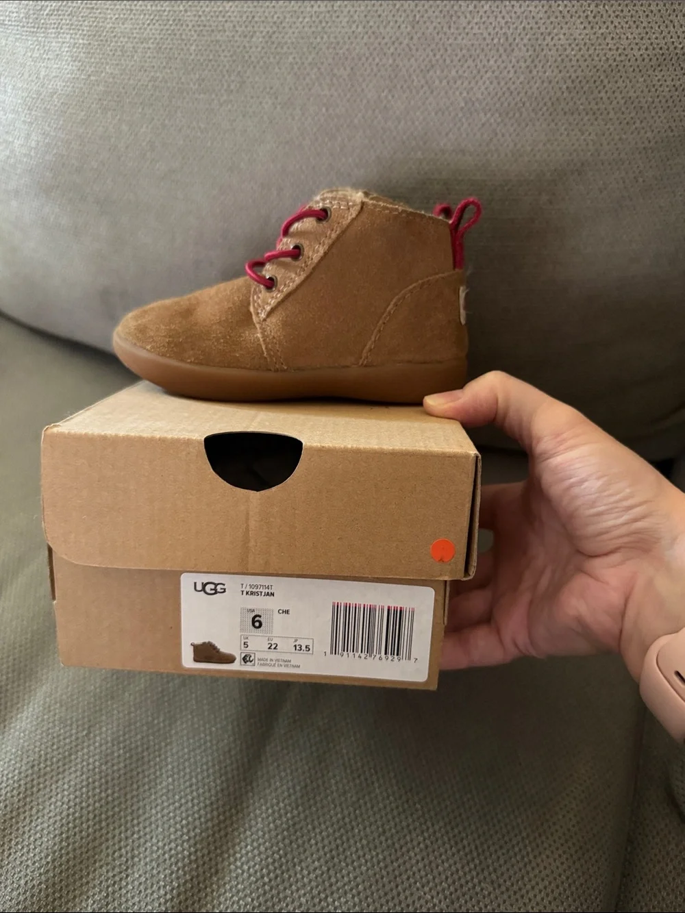 UGG Toddler Suede High-Top Shoes in Brown with Red Accents